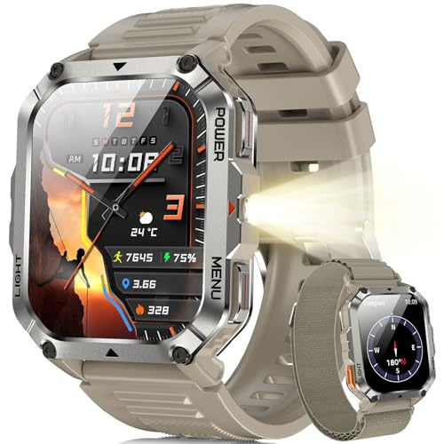 Blackview Reloj Inteligente Hombre Militar - Linterna y Brújula, 2.01Smartwatch Hombre con 100+ Modos Deportivos, Llamadas Bluetooth/Notificación, Pulsómetro/Oxímetro/Sueño, Pulsera Actividad, Caqui
