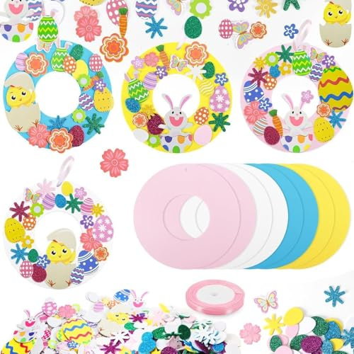 Smdbzda 8 Stück Ostern Basteln, Oster Kranz DIY Kit, Kaninchen Ei Osterkranz Bastelset, DIY Oster Kranz Bastelset, Moosgummi Aufkleber Osterbastelset, Oster Bastelsets, für Frühling, Zuhause, Party