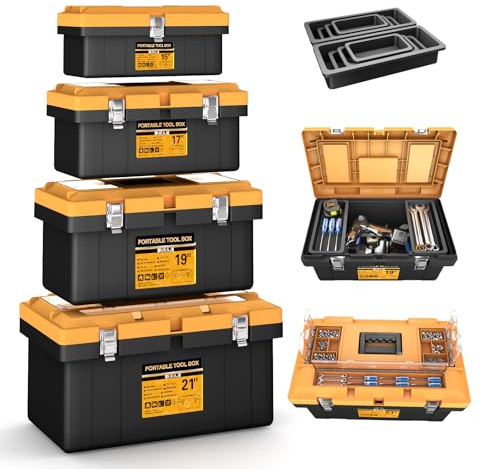AIRAJ 4 In 1 Tool Box Set, Portable Tool Storage Box, 15+17+19+21 | Mini/Small/Large Tool Box with 8 Removable Tool Box Organiser, Plastic Tool box for Hand/Power Tool Storage, with Lock Hole