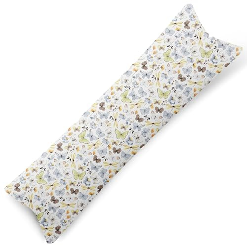 PinkZebra 40 x 140 cm Seitenschläferkissen Bezug aus 100% Baumwolle, Kissenbezug für Kinder & Erwachsene, Kissenhülle mit Reißverschluss, Öko-tex Standard 100, Maden der EU, Schmetterlinge Gelb
