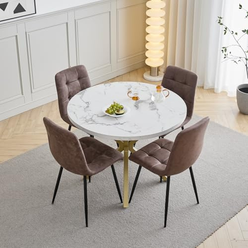 HJhomeheart Esstisch- und Stuhlset, 4 Technisches Leder mit Hoher Rückenlehne und EIN 100 cm Langer Moderner Esstisch, Geeignet für Küchen, Esszimmer und Wohnzimmer-Goldene Tischbeine + Dunkelbraun