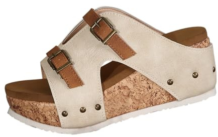 Sommarskor för kvinnor med kilklack, pantoletter, damer, platå, damsandaler, öppen mössa, espadriller, kvinnor, eleganta fritidssandaler, mors dag, platåsandaler med spännrem, Beige, 41 EU