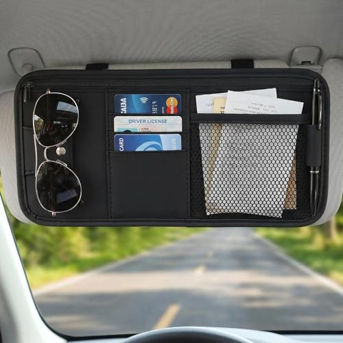 APOMOONS Brillenhalter Für Auto & Sonnenbrillenhalter Auto Sonnenblende Organizer Aus PU Mit Karten- Und Belegfach, Schwarz