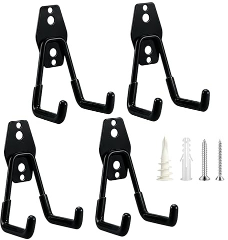 flintronic Wandhaken Garage 4Pcs, Garagenhaken Hakens Set Gartengeräte Halterung, Schwerlast Doppelhaken in mehreren Größen mit Anti-Rutsch-Beschichtung für Garage Garten, Schwarz