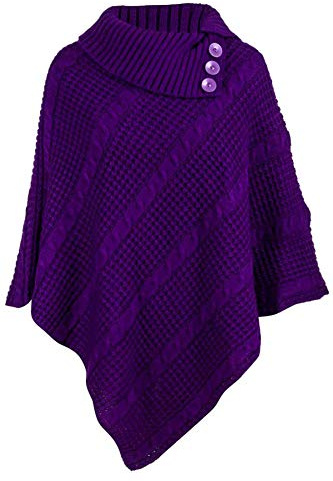 Womens New Poncho Button Ladies Long Knitted Folded Roll Neck Button Cape Shawl Wrap Shrug Jumper Top Plus Size Purple Size 16 - 18