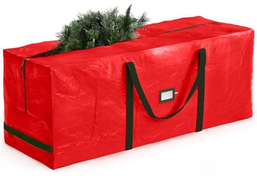 ZOBER 9 Ft Large Christmas Tree Storage Bag - Fits 9 Ft Artificial Trees - Plastic, Waterproof Christmas Tree Bag For Storage Box For Xmas - Strong, Durable Handles - Label Card Slot - Red