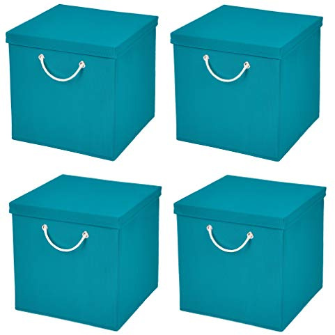 Stick&Shine 4er Set Türkis Faltbox 30 x 30 x 30 cm Aufbewahrungsbox faltbar mit Kordel und mit Deckel