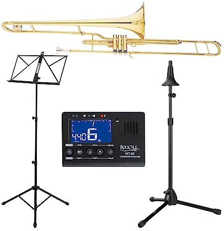 Classic Cantabile Brass VP-16 Ventilposaune Set - Bb-Tenor Posaune - Schallbecher: 203 mm Messing - Neusilber-Ventile - inkl. Mundstück, Leichtkoffer, Metronom/Tuner, Notenständer & Posaunenständer