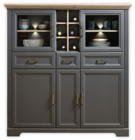 Stella Trading JASMIN Highboard in Artisan Eiche Optik, Graphit - Wohnzimmerschrank mit Schubladen und LED-Beleuchtung im Landhausstil - 143 x 150 x 42 cm (B/H/T) | 143 x 150 x 42 cm (B/H/T), 3 Schubladen, Fächer hinter Glas- und Holztüren, 6 offene Fächer, Landhausstil, Wohnzimmer