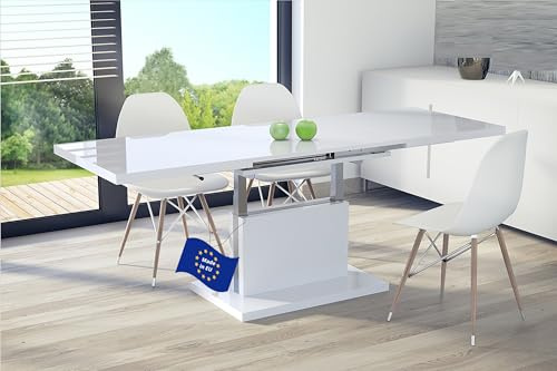 Mazzoni Aston Couchtisch ausziehbar höhenverstellbar 120/200cm in Weiß Hochglanz modern vielseitig Wohnzimmertisch Esstisch Beistelltisch Sofatisch platzsparend hochwertig Wohnzimmer