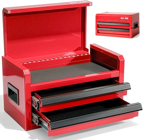 OLY-PRO Mini Toolbox with 2 Drawers and Top Storage, Durable Steel Construction with Ball-Bearing Slides, Multi-Purpose Portable Tool Boxes Case Organizer for Garage, Red