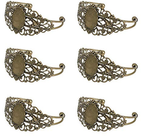 PandaHall 5 Sets Messing Armband Blank Mit 25x18mm Ovalen Runden Cabochon Einstellungen Lünette Tablett Für Schmuck Herstellung Manschette Armreifen Armbänder Antik Bronze