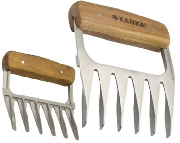 KANKA Grill Meat Shredder Claws - 5X Thicker Professional Stainless Steel BBQ Claws for Effortless Shredding and Cutting of Pulled Pork, Chicken, Turkey, Beef - Set of 2 with Durable Wood Handles