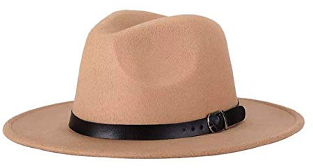 QUUPY Klassischer Fedora-Hut mit breiter Krempe und Gürtelschnalle, Filz-Panamahut für Damen und Herren, Khaki
