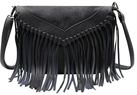RARITYUS Damen PU Leder Quaste Crossbody Tasche Vintage Hobo Fransen Schulter Handtasche Geldbörse für Mädchen, schwarz, Einheitsgröße,