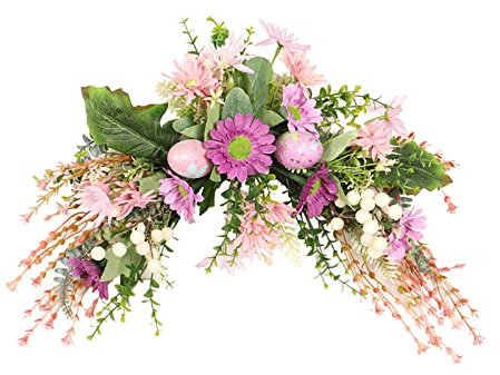 HJHIWE Oster-Chrysanthemen-Girlande, Frühlings-Osterei-Kranz mit künstlichen Blumen und grünen Blättern, Kranz für Zuhause, Haustür, Innen- und Außendekorationen