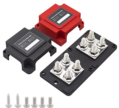 STANEW 400A Bus Bar Box Sicherungsblockhalter Kupfergefertigt Schwerlastmodul Geeignet 12V-48V DC, 8 x M10 (3/8 Inch) für solarbetriebene Wohnmobile, Sammelschienenklemmen Schwarz+Rot Abdeckung