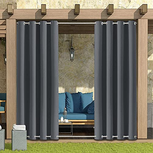 Outdoor Curtains Waterproof with Top & Bottom Grommet (52x93.7, 2 Panels) | Garden Blackout Curtains, Heat & Sun Protection Windproof Pergola Curtains for Gazebo, Patio, Porch, Pool, Balcony, Grey