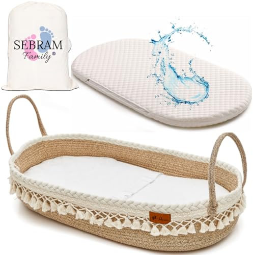 SEBRAM Wickelkorb Baby – Handgefertigte Wickelauflage mit Liebe, Wasserdichte Matratze und Tragetasche | Sicher & Schön fürs Babyzimmer – Farbe: Beige