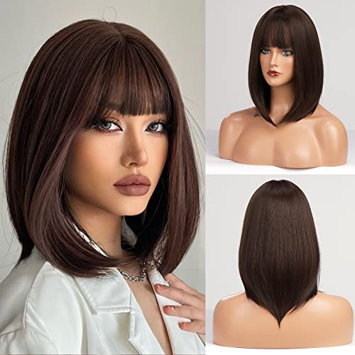 HAIRCUBE Gerade Kurze Charmante Bob mit Bangs Perücken für Frau Natur Hitzebeständige Synthetische Faser Party/Cosplay/Kostüm/Tägliche Perücke (Dunkelbraun)