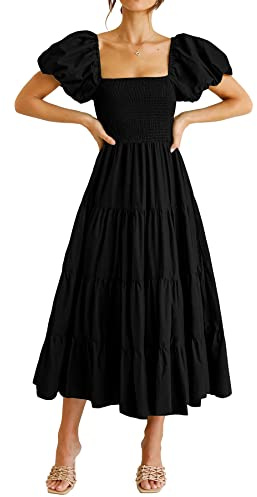 PRETTYGARDEN Women's Casual Summer Midi Dress Puffy Short Sleeve Square Neck Smocked Tiered Ruffle Dresses (Black,Small)