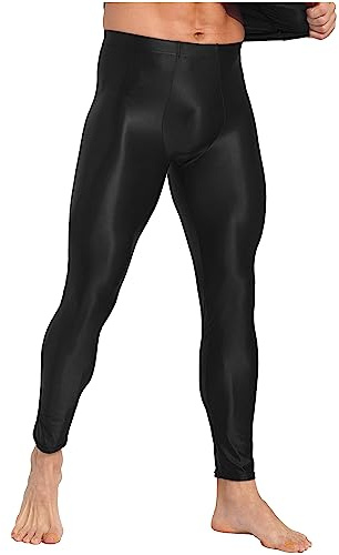 Agoky Herren Metallic Lange Unterhosen mit Weichbund Glatte ÖL Glanz Hose Strumpfhose ohne Fuß Leggings Sport Leggins Tights Kompressionshose