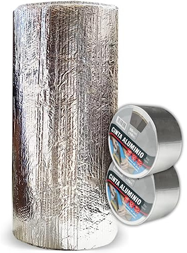Aislante Térmico Reflexivo de Aluminio y Burbujas 0.5x15 m (7.5 m²) + 2 Rollos Cinta de Aluminio 50 mm x 10 m - Frío y Calor - Viviendas, Caravanas, Campers, Buhardillas, Uso Industrial