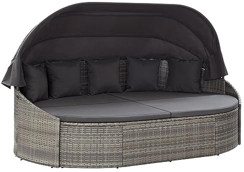 Outdoor Loungebett mit Dach Grau, Sonneninsel im Freien mit Dach, Gartenliegeinsel, Gartenmöbel, Lounge Sitzgruppe, Gartenmuschel Sonnenliege, Polyrattan, Grau