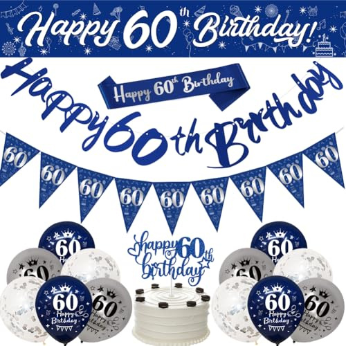 Happy 60th Birthday Decorations Banners Balloon for Men Blue & Silver | Banner Bunting Sash Confetti Latex Balloons Triangle Flags Cake Toppers