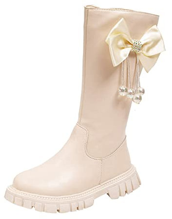 Mashaouyo Kinderschuhe Lange Stiefel Hohe Stiefel Herbst und Winter Mädchen Lederstiefel mit weichem Boden Schneestiefel Wolle 33 (White, 27 Toddler)