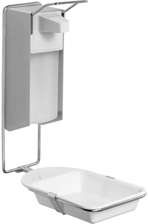 1x ARNOMED desinfektionsdispenser med droppbricka, tvåldispenser i aluminium för 1000 ml, tvåldispenser för väggmontering med kort arm, Euro-dispenser för desinfektionsmedel, tvåldispenser, dispenser