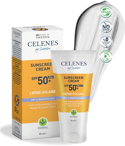 Celenes by Sweden Crème Solaire SPF50+ pour Peaux Sèches et Sensibles - Creme Solaire 50 Minéraux & Organiques, Huile d'Avocat & Vitamine E, Creme Solaire Visage Sans Résidus Blancs, Parabèn, 50ml