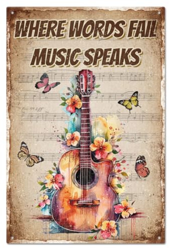 GLOBLELAND „Where Words Fall Music Speaks“ Lustiges Metallblechschild Mit Gitarrenmusik 12x8zoll/3x2cm Für Garage Gartenschilder Kunstplakette Poster Wanddekoration Für Zuhause Bar Club