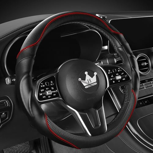 HighnessHwoo 3D Auto Lenkradabdeckung Lenkradbezug Komfortgriff Massage Sportlich Arutschfest Karbonfaser Kunstleder für F150, Jeep, Van, Universelle Passform, Auto Griff Abdeckungen, 39-41cm, Rot