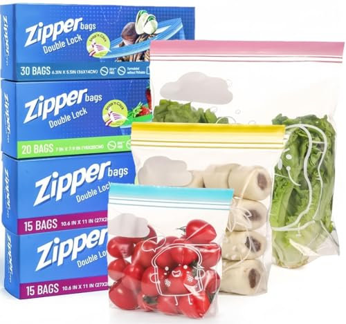 KAHEIGN 80 Piezas Bolsas para Congelar Alimentos, 3 Tamaños Bolsas con Cierre Hermético de Doble Sellado Bolsas Reutilizables con Fondo Ancho para Frutas Sándwiches Verduras Carne Sopas Aperitivos