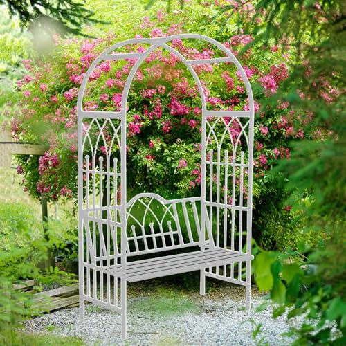 Metall-Gartenbogen mit Bank,Sitzbank Rosenbogen Rankhilfe Torbogen Schwarz/Weiß Rankgitter,2-Sitzer Deko-Gartenbank,Rosenspalier Pergola für Kletterpflanzen 114cm L x 50cm B x 210cm H(White)