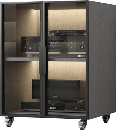 YHWKGZ Audio Rack Hi Fi Regal, 2/3-lagiger Hi Fi Rack, Verschiebbar, Mit Verstellbarer Regalhöhe, Phonoschrank mit Glastür, Record Player Stand for Zuhause/Büro/Kino(Nero,21.2x29.5/54x75cm)