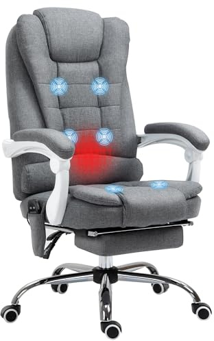 Vinsetto Bürostuhl mit Massagefunktion Fußstütze Schreibtischstuhl, Grau | Ergonomisch, Liege- & Wärmefunktion, Computerstuhl, Seitentasche, Fernbedienung