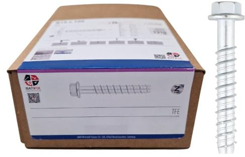 BATIFIX Vite per calcestruzzo di ancoraggio a vite in acciaio zincato con disco pressato, testa esagonale con omologazione ETA, opzione 1 per calcestruzzo incrinato e incrinato (10, Ø6 x 80)