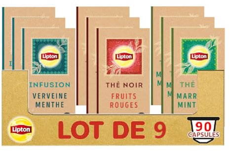 Lipton Assortiment de 3 Thés en Capsules Compatibles Nespresso : Thé Vert Marrakech Mint, Infusion Verveine Menthe, thé Noir Fruits Rouges, Compatibles Machines Nespresso, x90 capsules