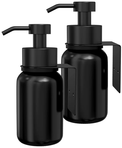 TEHEO Seifenspender Wandbefestigung 250ml Glas Schwarz, Wandseifenspender Kleben oder Bohren,Bad Soap Dispenser, Spülmittelspender, Shampoo Spender für Dusche [2 Stück]