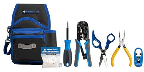 Jonard Tools TK-145 Telecom RJ45 - Kit de herramientas para cinturón - Bolsa de herramientas de 12 bolsillos, destornillador 6 en 1, tijeras, alicates, crimpadora y pelacables, conectores de paso RJ45