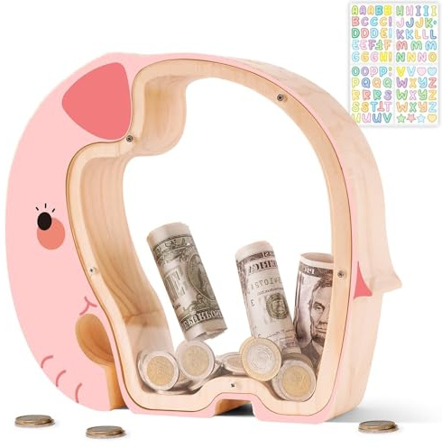 Uniwooder Wooden Pink Elephant Piggy Bank for Kids, Unbreakable Pink Coin Bank for Kids with Letter Sticker, Wooden Cashbox Money Bank Birthday Gifts for Girls, Educational Toy for Girls, Boys