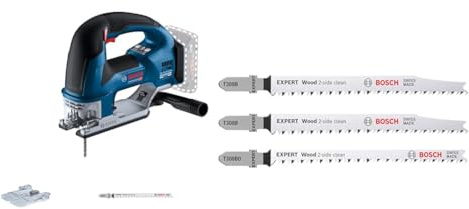 Bosch Professional 18V System Cordless Jigsaw GST 18V-155 BC + 3X Expert Wood 2-Side Clean Jigsaw Blade Set (for Solid Wood Furniture Board, Plywood, Length 117 mm)