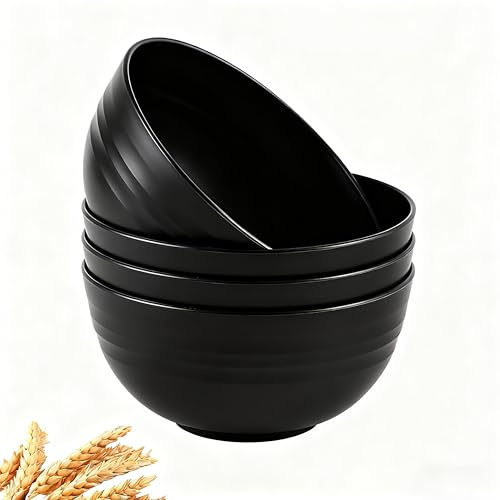 GZTFPQ Set of 4 Unbreakable Cereal Bowls,Lightweight Plastic Bowls Reusable Camping Bowl for Breakfast, Rice, Noodle, Salad, Fruit, Soup, Snack, Dishwasher & Microwave Safe (Black)