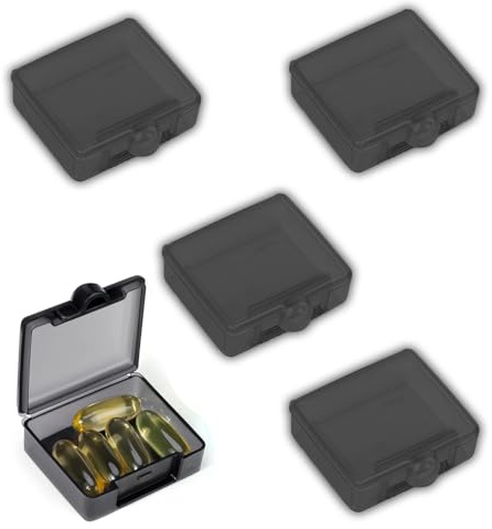 vgggrd 4 Stück Tablettenbox Tablettendose für unterwegs, Kleine Pillendose Medizin Vitamin Lebertran, Tragbar Pillenbox Mini-Pillen-Organizer tragbar für Zuhause Arbeit(Square-Schwarz)