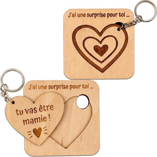 Ernestine - Annonce Grossesse Mamie – Porte-Clés et Carte en Bois “Tu Vas Être Mamie”, Cadeau Original Annonce Bébé, Idée Cadeau Naissance Grand-Mère, Surprise Famille - Carte d'annonce grossesse