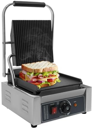 Commercial Panini Press Grill 1800W Stainless Steel Sandwich Maker with Enamel Coated Cast Iron Plates & Removable Grease Tray, Countertop Square Grill for Restaurants, Hotels & Food Trucks