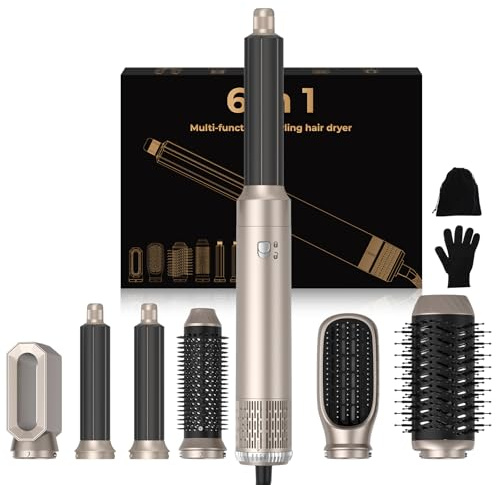 Airbrush Hair Styler 6 in 1, 1000w Hair Dryer Brush wiht Air Curler, Multi Air Styler, Wind Speed and Temperature, Blow Dryer Brush for Drying Curling Volumizing Straightening, Salon Blow-Out Look