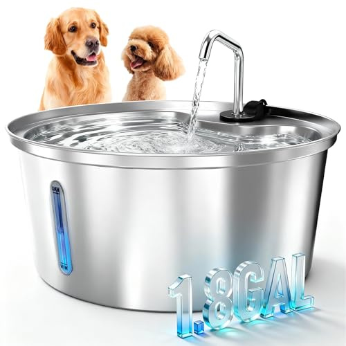 Pawccoli Dog Water Fountain Stainless Steel, 7L/1.8Gal Pet Fountain Water Bowl with Multi-Filtration & Deeper Drinking Aera, Large cat Water Fountain with Water Window & LED, Ultra-Quiet